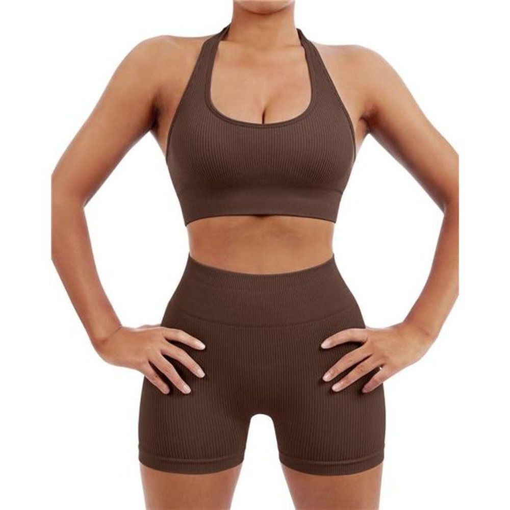Brown Women's Workout Set Backless Sports Bra with Biker Shorts